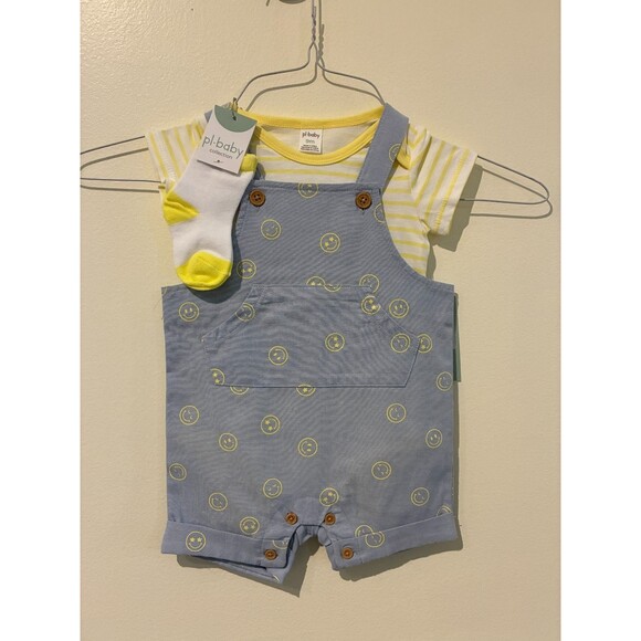 NWT Pl Baby Blue Smiley Face Overall Outfit - 9M - Picture 1 of 3